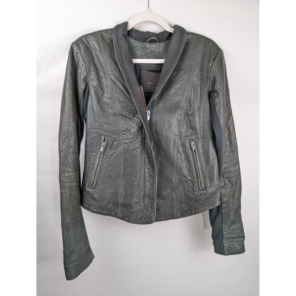 VEDA Womens Leather Zip Moto Jacket Size L Olive Green Streetwear Indie Grunge